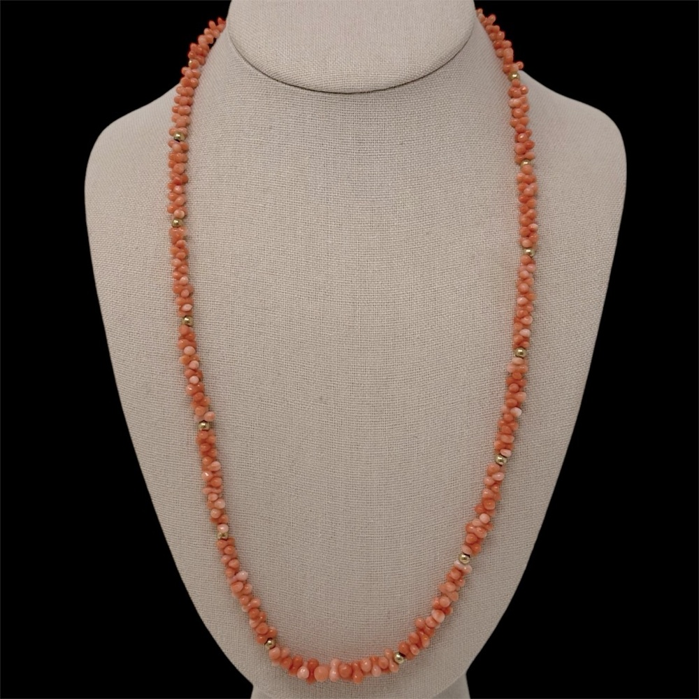 14K Gold Angel Skin Coral Bead Vintage Necklace